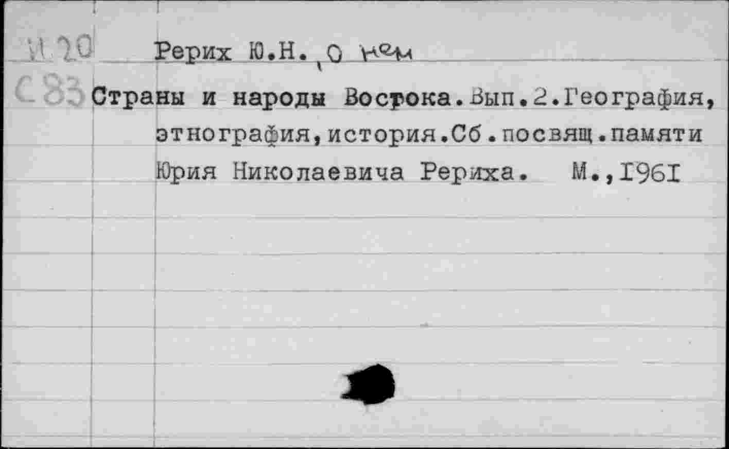 ﻿Рерих Ю.Н.(О
■'	г—«— 	— — Страны и народы Востока.Вып.В.География		
		этнография,история.Сб.посвящ.памяти Юрия Николаевича Рериха. И.,1961
		